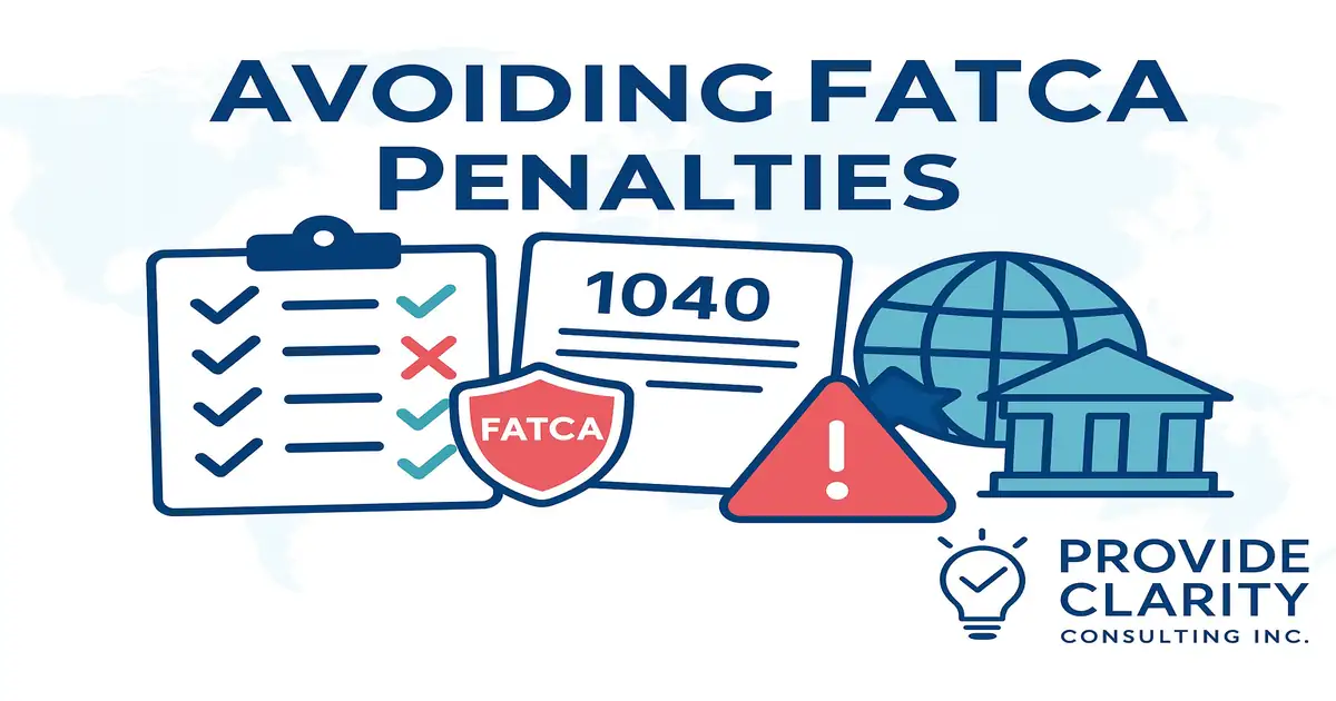 Avoiding FATCA Penalties &ndash; Compliance checklist, IRS Form 1040, FATCA shield, warning symbol, and global banking icons by Provide Clarity Consulting Inc.